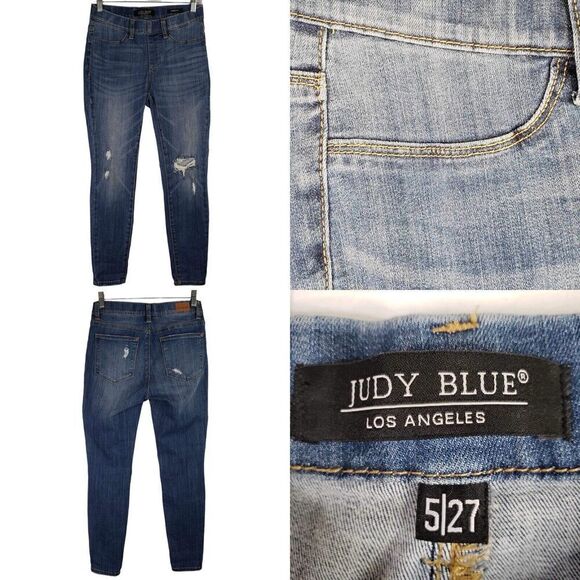 Judy Blue Denim - Judy Blue Jeans Women's Size 5/27 Dark Wash Blue Skinny Fit Distressed Stretch